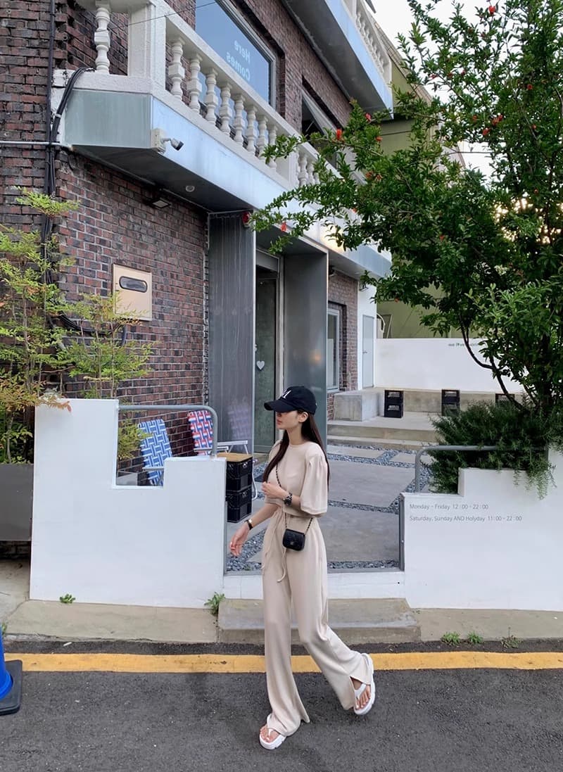 한국 chic 여름 미니멀리즘 라운드 넥 단색 풀오버 반팔 티셔츠 하이웨이스트 레이스업 트임 와이드 레그 팬츠 긴 바지 여성 상세 이미지 26