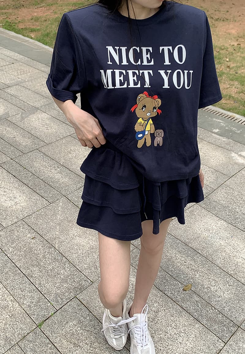 한국 스타일 연령 감소 만화 알파벳 프린트 루즈핏 캐주얼 어깨 패드 반팔 티셔츠 밴딩 연꽃 잎 케이크 치마 세트 이미지 3