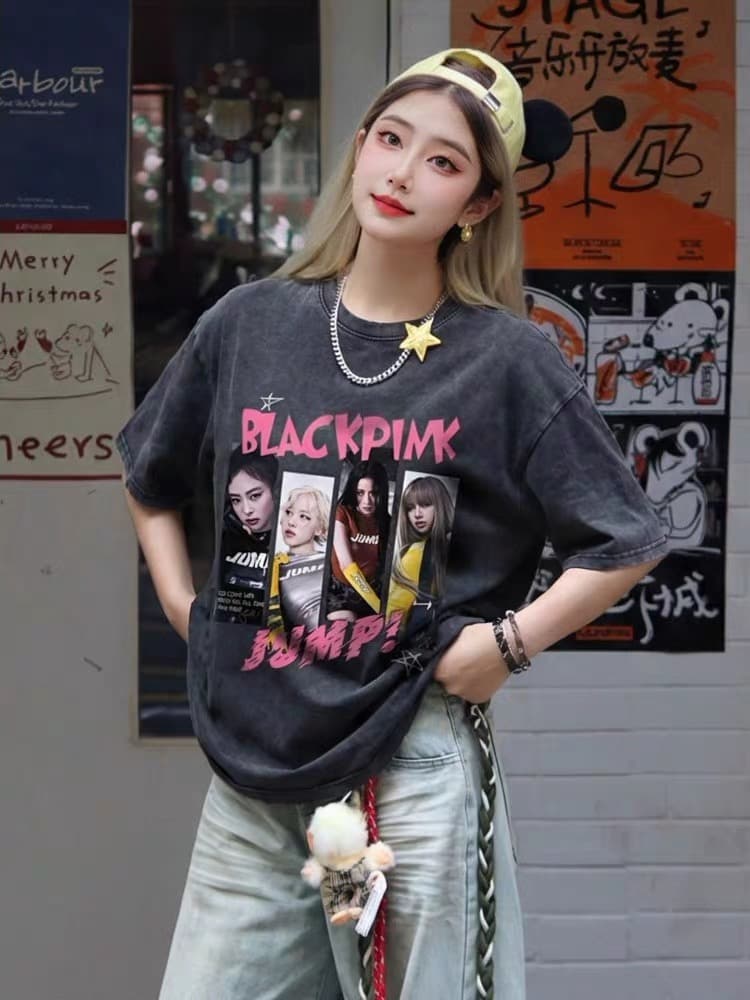 순면 230 크 워싱 마 오래된 프린트 반팔 티셔츠 여성 이미지 3