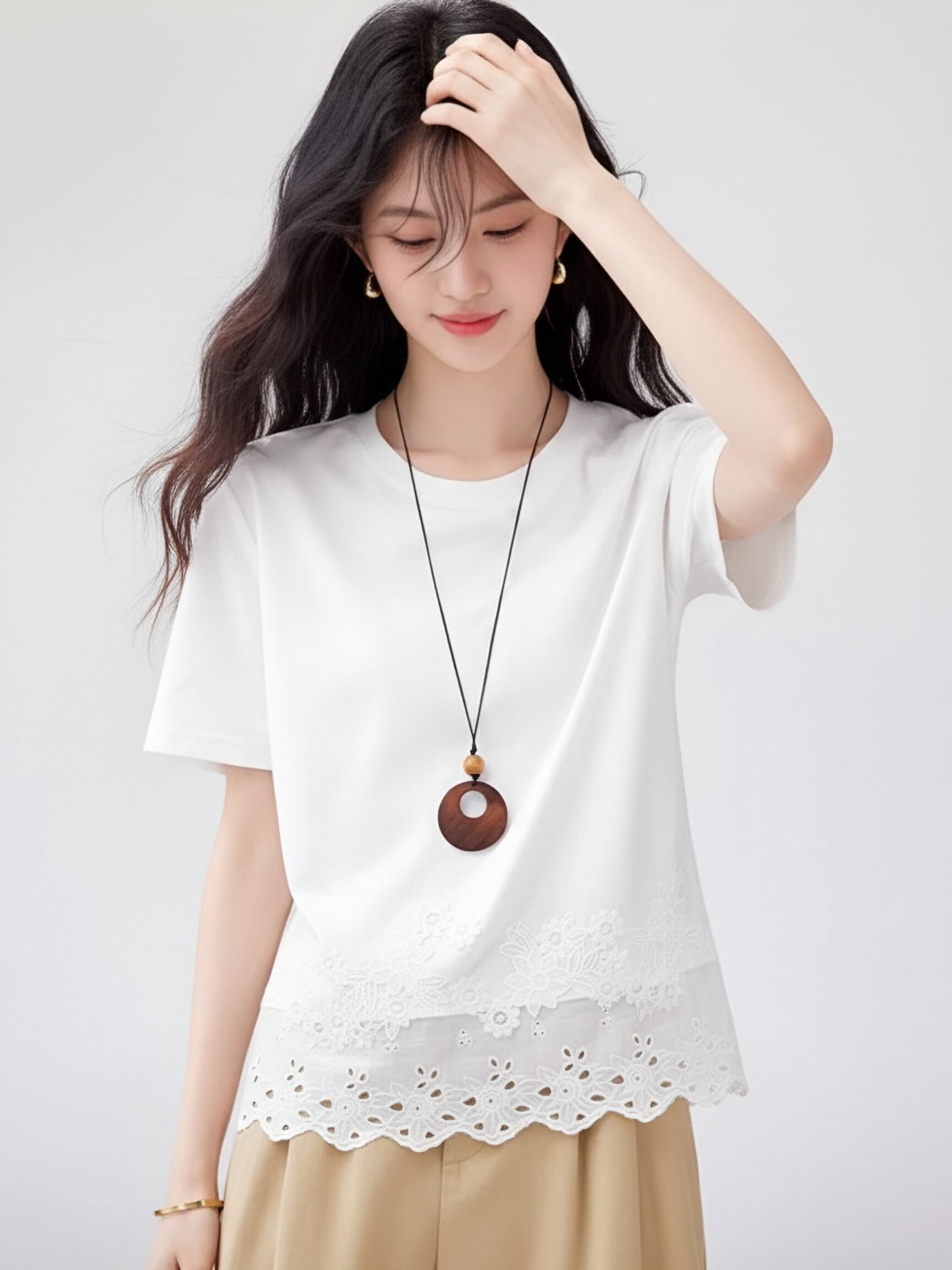 프랑스식 부드러운 바람 화이트 순면 반팔 티셔츠 여성 셔츠 홀로우 아웃 레이스 자수 캐주얼 다용도 품격 작은 셔츠 이미지 3