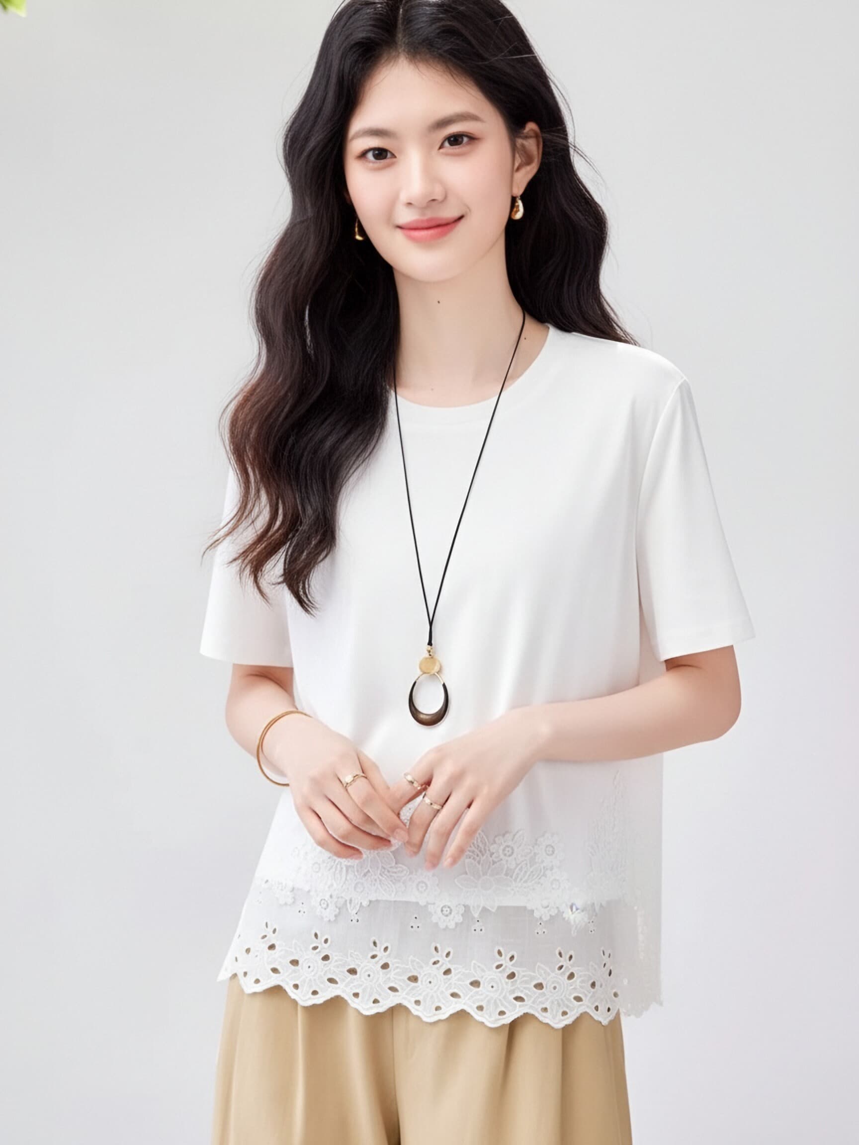 프랑스식 부드러운 바람 화이트 순면 반팔 티셔츠 여성 셔츠 홀로우 아웃 레이스 자수 캐주얼 다용도 품격 작은 셔츠 이미지 2