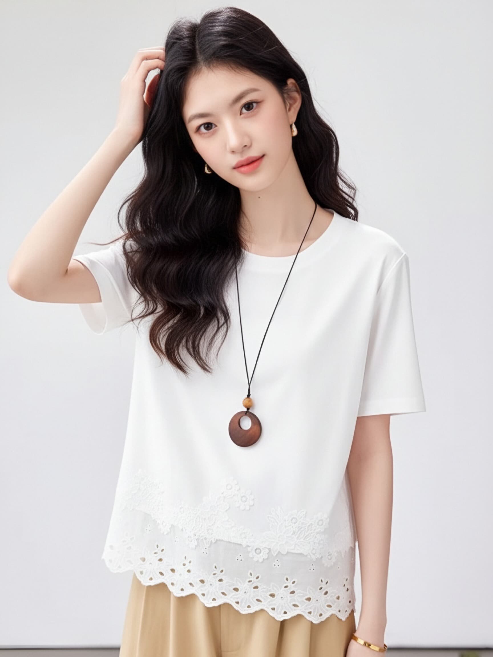 프랑스식 부드러운 바람 화이트 순면 반팔 티셔츠 여성 셔츠 홀로우 아웃 레이스 자수 캐주얼 다용도 품격 작은 셔츠 상세 이미지 4