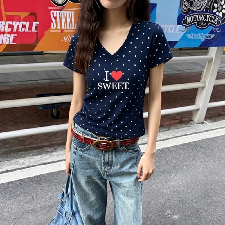 40 220 그램 빗질하다 92 면 8 암모니아 Lun 이후 패키지 칼라 몸매 가꾸기 슬림해 보이는 긍정적 인 어깨 V넥 반팔 티셔츠 여성 이미지 2