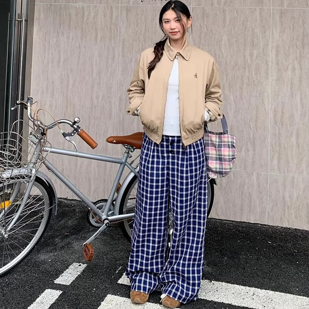 원본 품질 느긋한 느슨함 센스 파란색 체크무늬 넓은 다리 하이웨이스트 캐주얼 바지 이미지 4