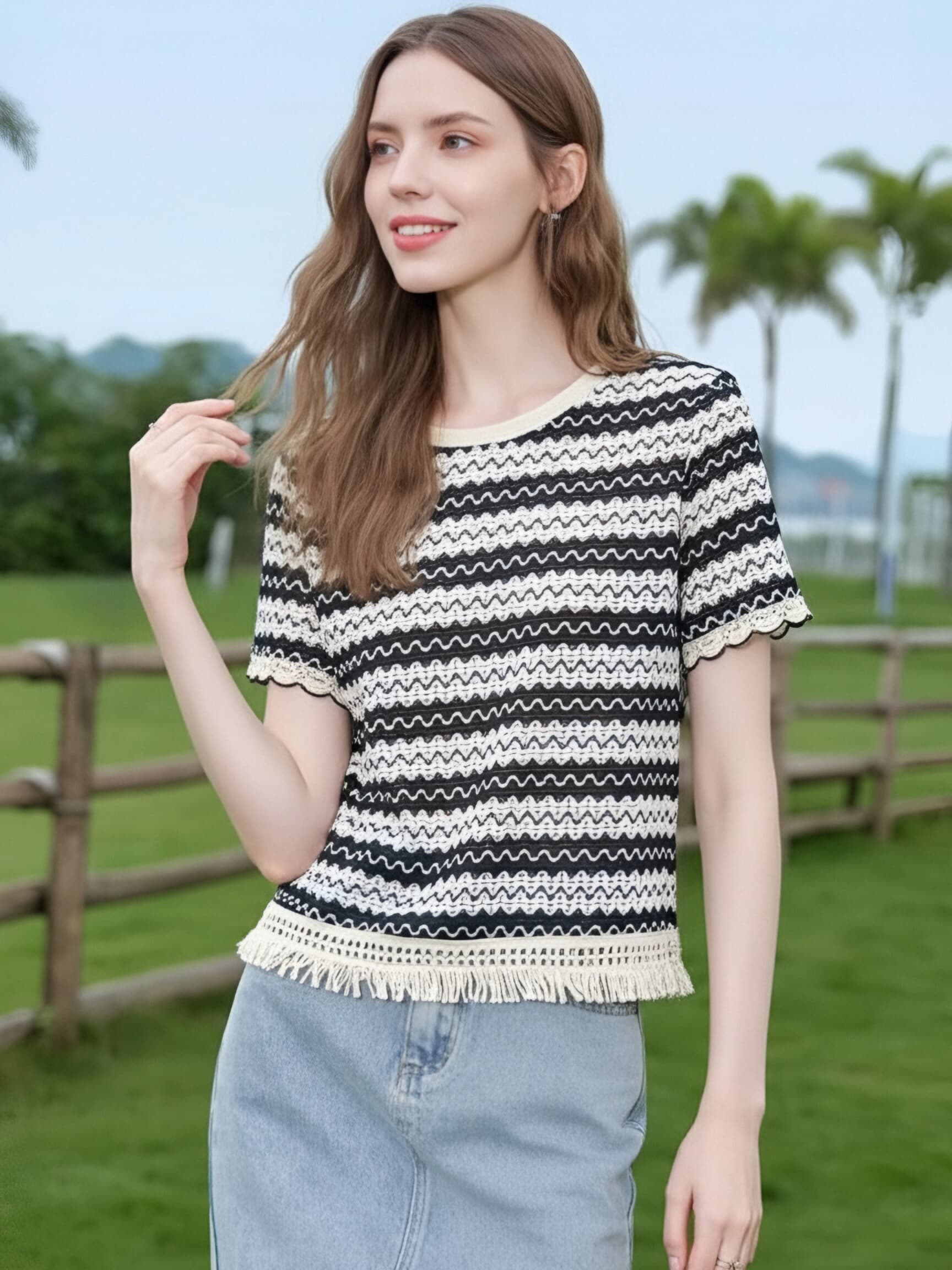 부드러운 바람 흑백 줄무늬 니트 티셔츠 여성 홀로우 아웃 술 밑단 디자인 작은 대중 품격 다용도 반팔 맨위 상세 이미지 6