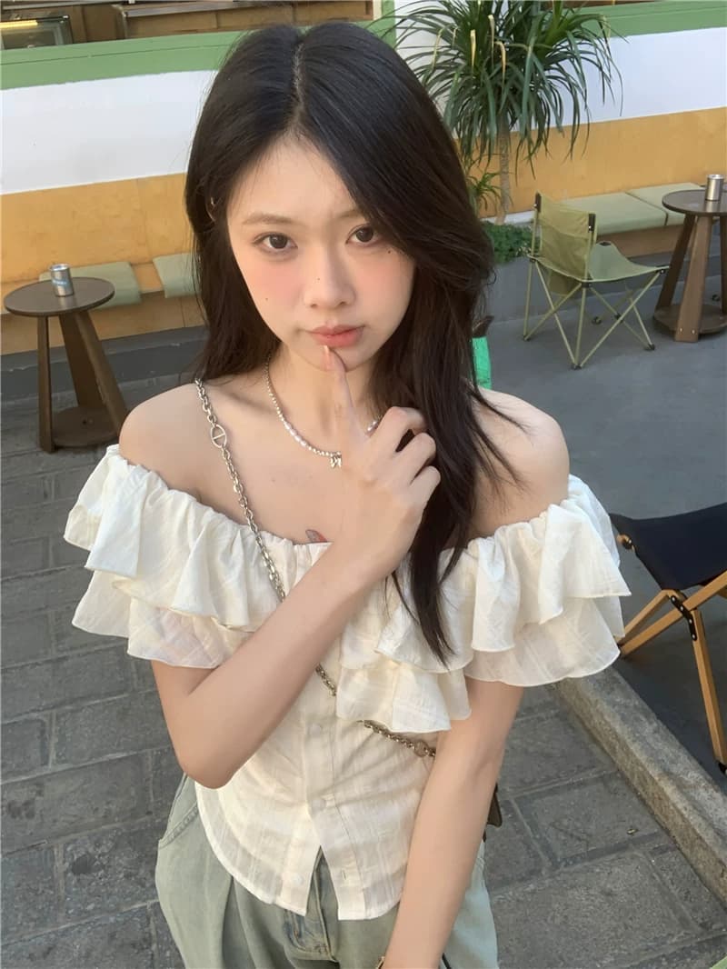 2026 부드러운 품격 오프숄더 반팔 여성 셔츠 여름 프랑스식 프릴 슬림해 보이는 몸매 가꾸기 Chic 맨위