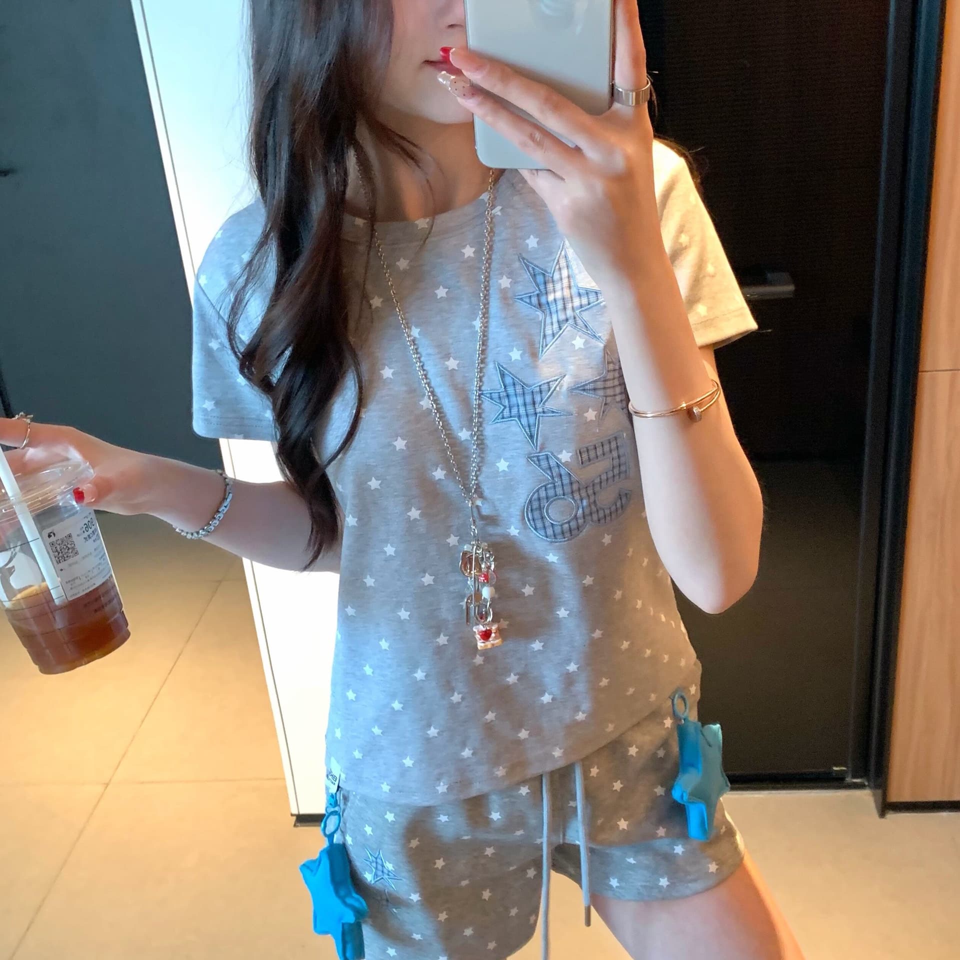 40s 좋은 면 1 1 리브 원본 솜씨 전체 인쇄 자수 별 달콤함 맨위 여성용 짧은 소매 티셔츠 반바지 여름 상세 이미지 9