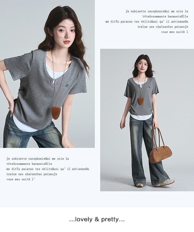 원본 원단 210g40s 순면 원본 솜씨 디자인 센스 패치워크 페이크 레이어드 반팔 불규칙 티셔츠 여성 여름 상세 이미지 7