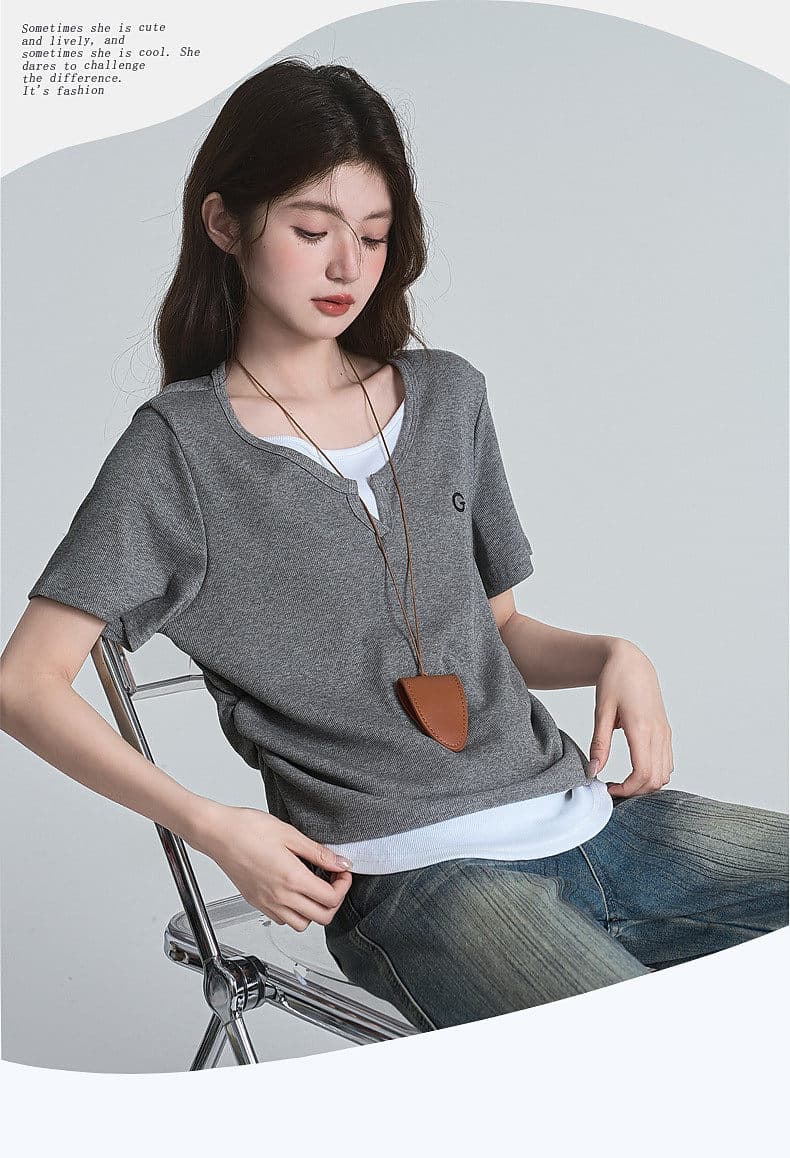 원본 원단 210g40s 순면 원본 솜씨 디자인 센스 패치워크 페이크 레이어드 반팔 불규칙 티셔츠 여성 여름 상세 이미지 14