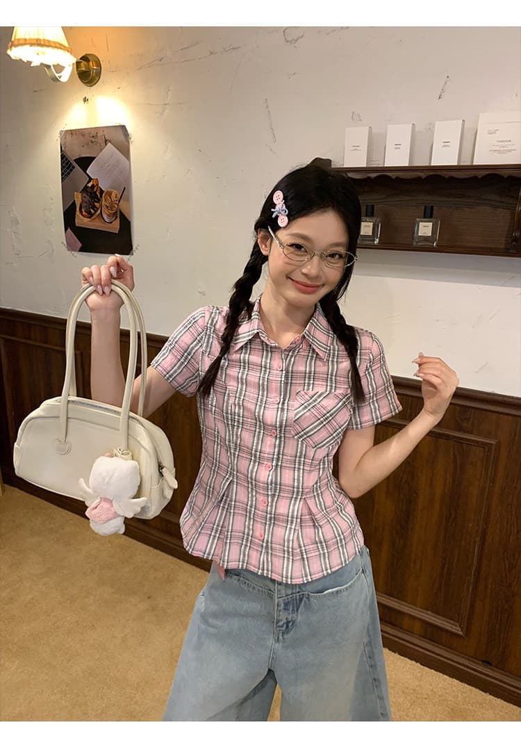 컬러 짜임 기사 핑크색 허리 수축 격자 무늬 셔츠 맨위 여성 여름 몸매 가꾸기 디자인 센스 반팔 작은 셔츠 상세 이미지 3