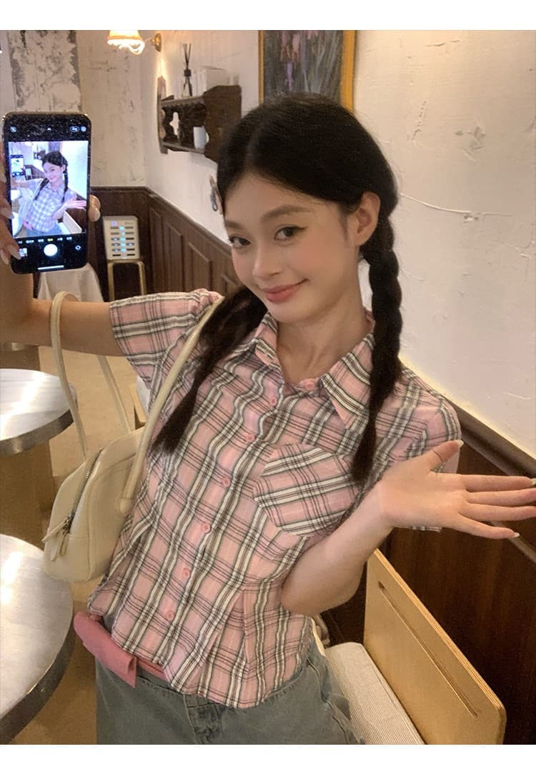 컬러 짜임 기사 핑크색 허리 수축 격자 무늬 셔츠 맨위 여성 여름 몸매 가꾸기 디자인 센스 반팔 작은 셔츠 상세 이미지 10