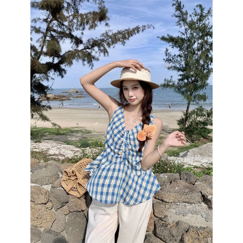 순면 셔틀 직물 꽃무늬 파란색 V넥 조끼 슬립 여성 여름 프릴 민소매 펌프 Pleat 맨위 이미지 5