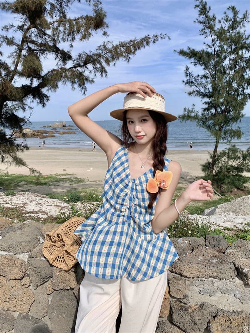 순면 셔틀 직물 꽃무늬 파란색 V넥 조끼 슬립 여성 여름 프릴 민소매 펌프 Pleat 맨위 상세 이미지 3