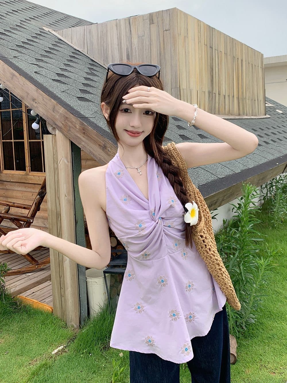 원본 천 도파민 황색 자수 비틀림 V넥 행침 목 민소매 여성 셔츠 여름 허리 수축 맨위 상세 이미지 8