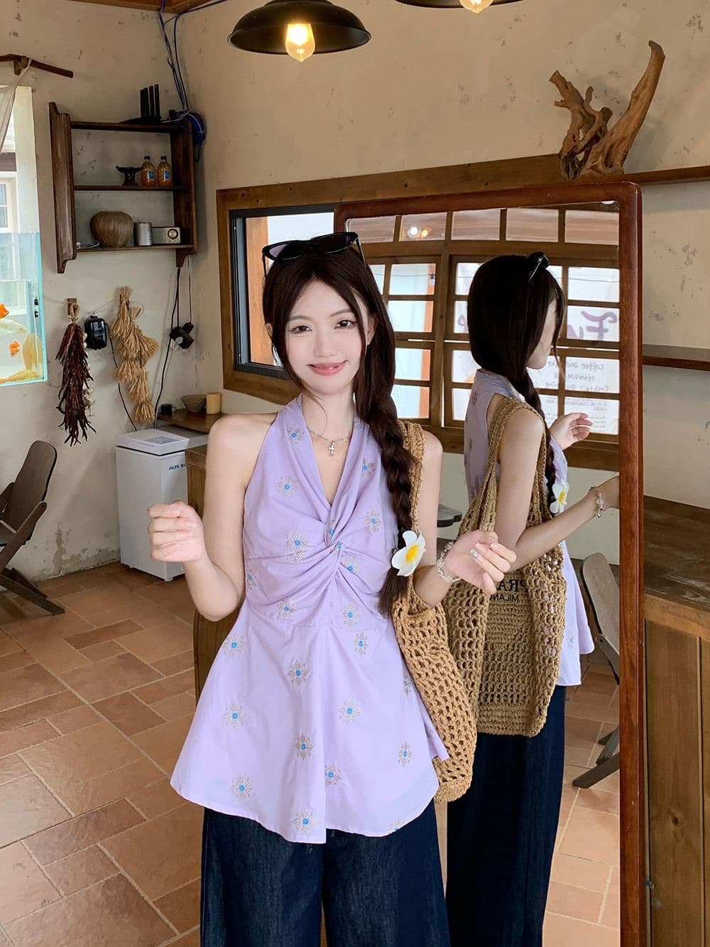 원본 천 도파민 황색 자수 비틀림 V넥 행침 목 민소매 여성 셔츠 여름 허리 수축 맨위 상세 이미지 16