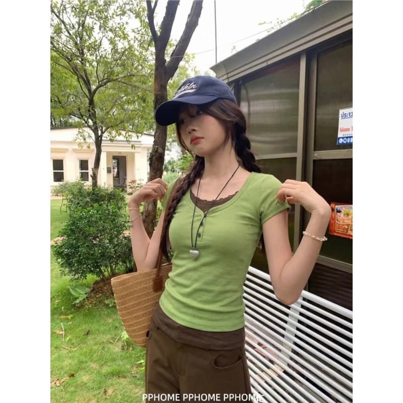 프랑스 리브 원본 원단 페이크 레이어드 레이스 라운드 넥 반팔 티셔츠 여성 몸매 가꾸기 다용도 슬림해 보이는 맨위 이미지 4