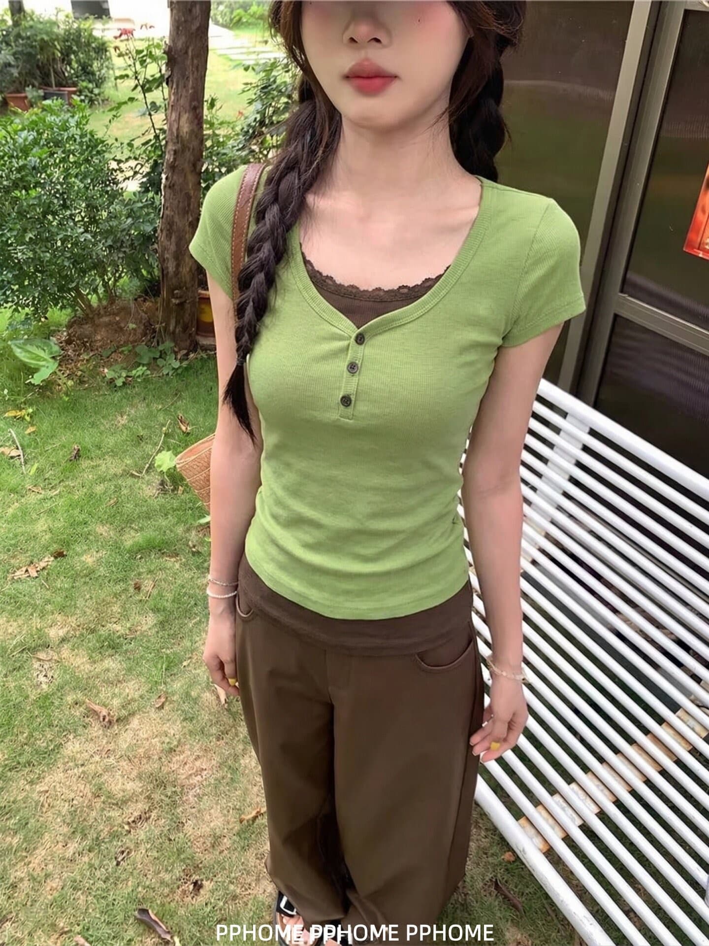 프랑스 리브 원본 원단 페이크 레이어드 레이스 라운드 넥 반팔 티셔츠 여성 몸매 가꾸기 다용도 슬림해 보이는 맨위 상세 이미지 4