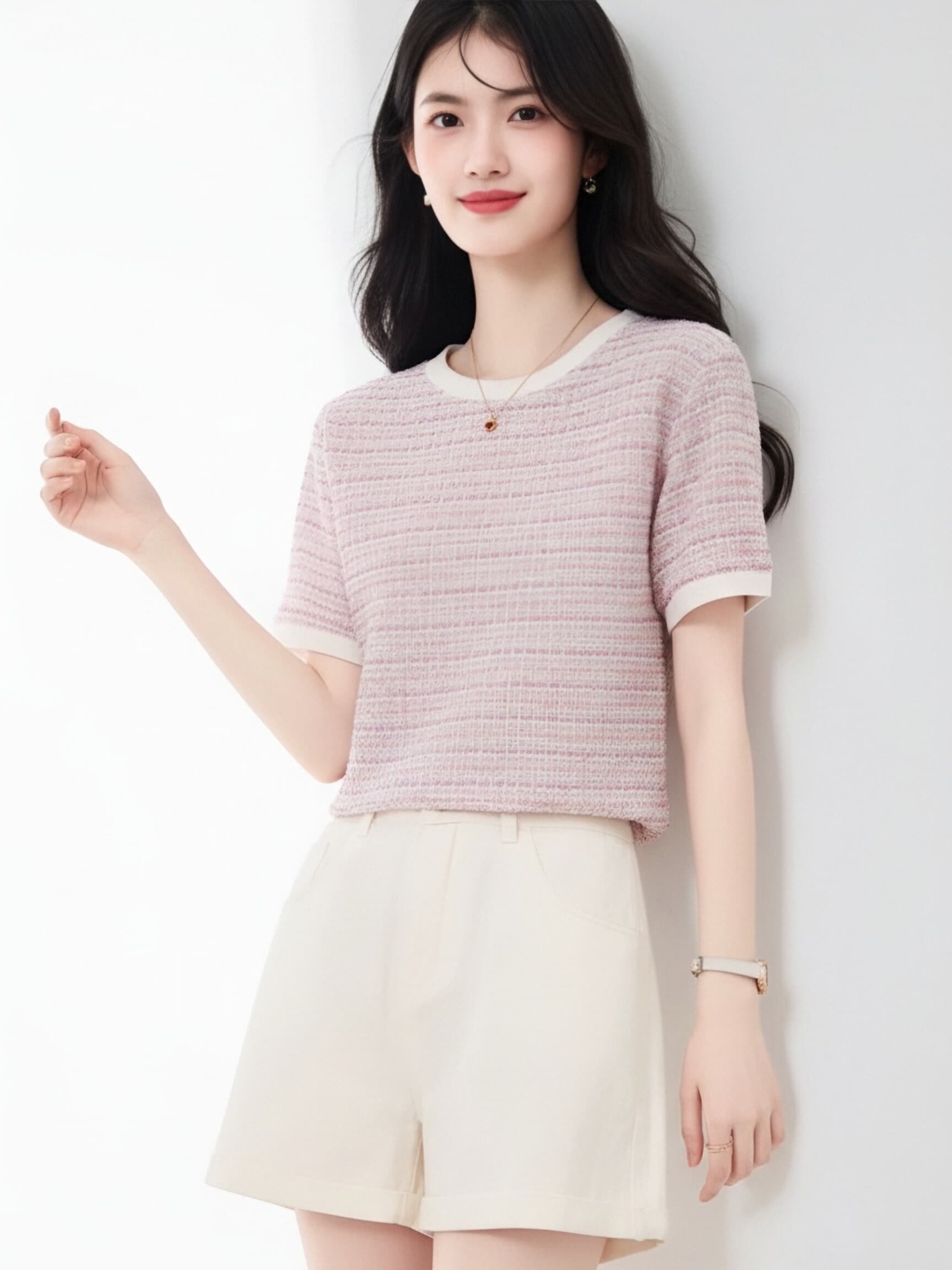 분말 보라색 작은 샤넬 스타일 스트라이프 반팔 티셔츠 여성 여름 새로운 배색 라운드 넥 부드러운 품격 다용도 슬림해 보이는 맨위 이미지 4