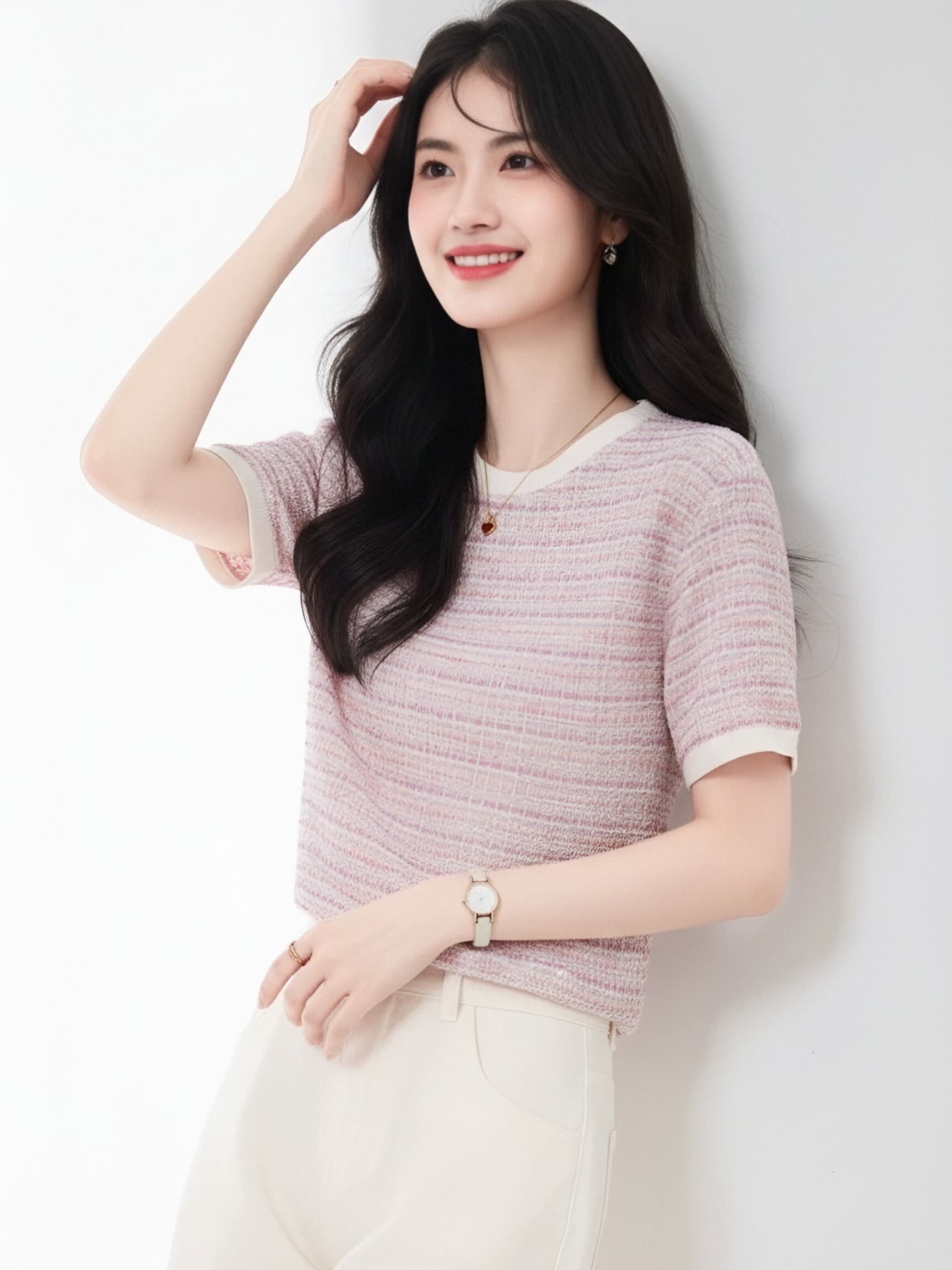분말 보라색 작은 샤넬 스타일 스트라이프 반팔 티셔츠 여성 여름 새로운 배색 라운드 넥 부드러운 품격 다용도 슬림해 보이는 맨위 상세 이미지 4
