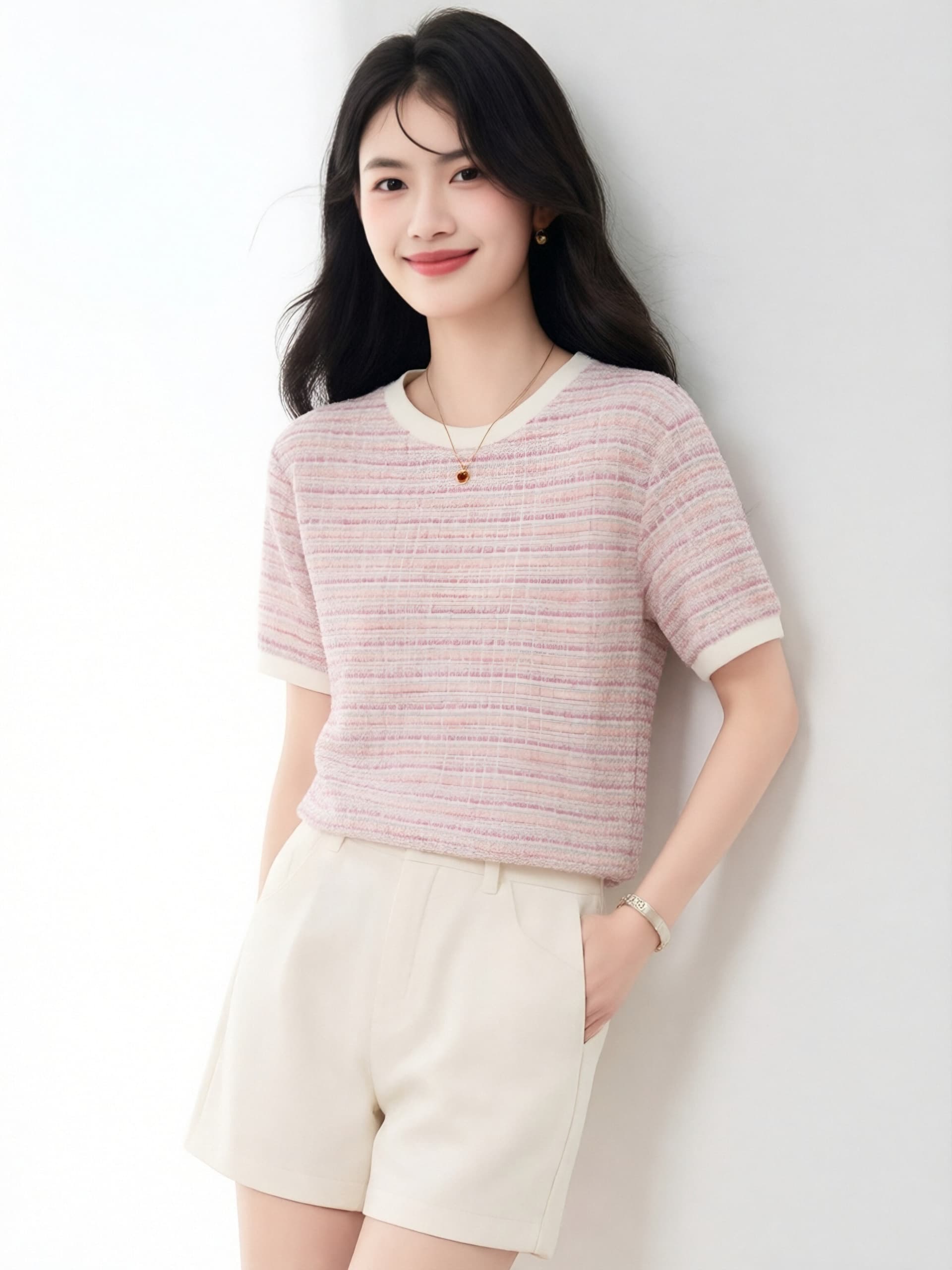 분말 보라색 작은 샤넬 스타일 스트라이프 반팔 티셔츠 여성 여름 새로운 배색 라운드 넥 부드러운 품격 다용도 슬림해 보이는 맨위 상세 이미지 5