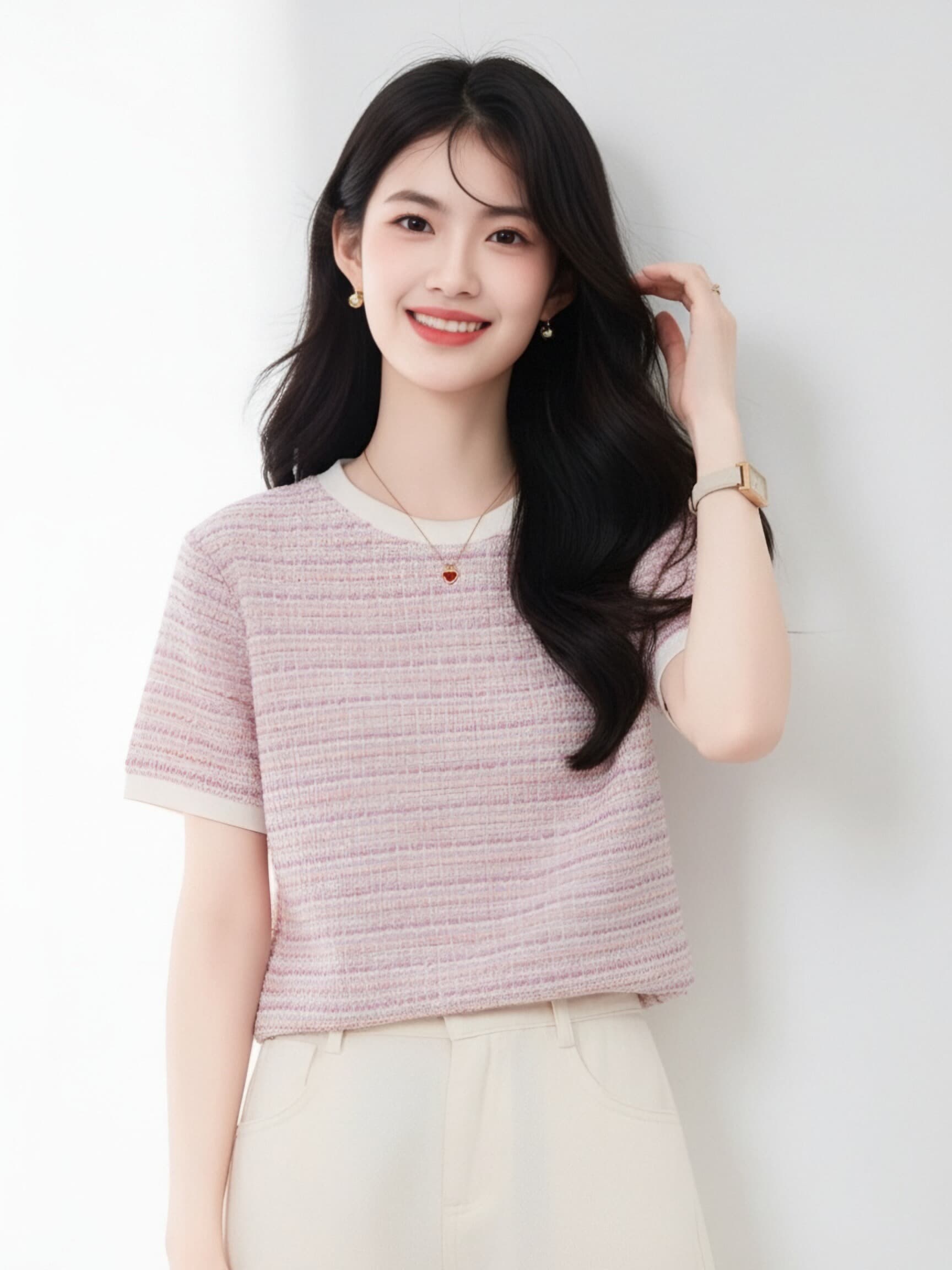 분말 보라색 작은 샤넬 스타일 스트라이프 반팔 티셔츠 여성 여름 새로운 배색 라운드 넥 부드러운 품격 다용도 슬림해 보이는 맨위 상세 이미지 6