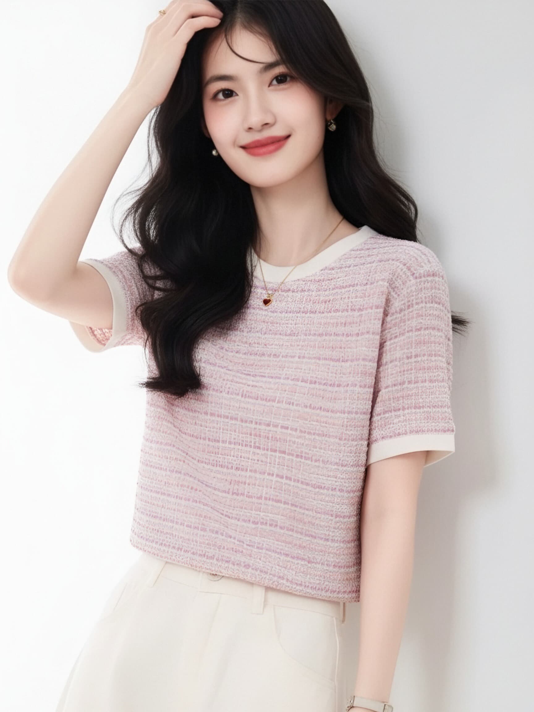 분말 보라색 작은 샤넬 스타일 스트라이프 반팔 티셔츠 여성 여름 새로운 배색 라운드 넥 부드러운 품격 다용도 슬림해 보이는 맨위 상세 이미지 7