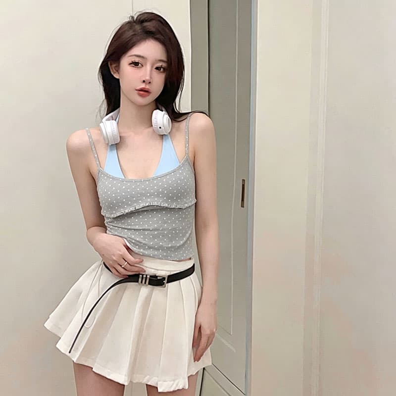 아메리칸 핫걸 패치워크 도트 무늬 행침 목 페이크 레이어드 캐미솔 여름 외출용 백리스 인사이드 잡아라. 의류