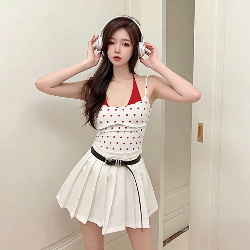 아메리칸 핫걸 패치워크 도트 무늬 행침 목 페이크 레이어드 캐미솔 여름 외출용 백리스 인사이드 잡아라. 의류 상세 이미지 5