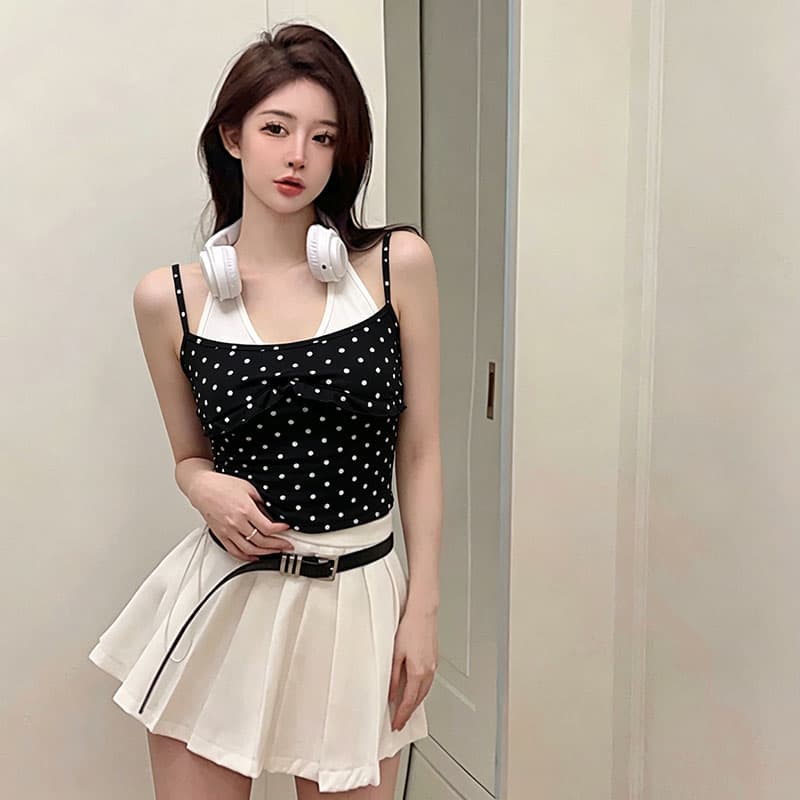 아메리칸 핫걸 패치워크 도트 무늬 행침 목 페이크 레이어드 캐미솔 여름 외출용 백리스 인사이드 잡아라. 의류 상세 이미지 7