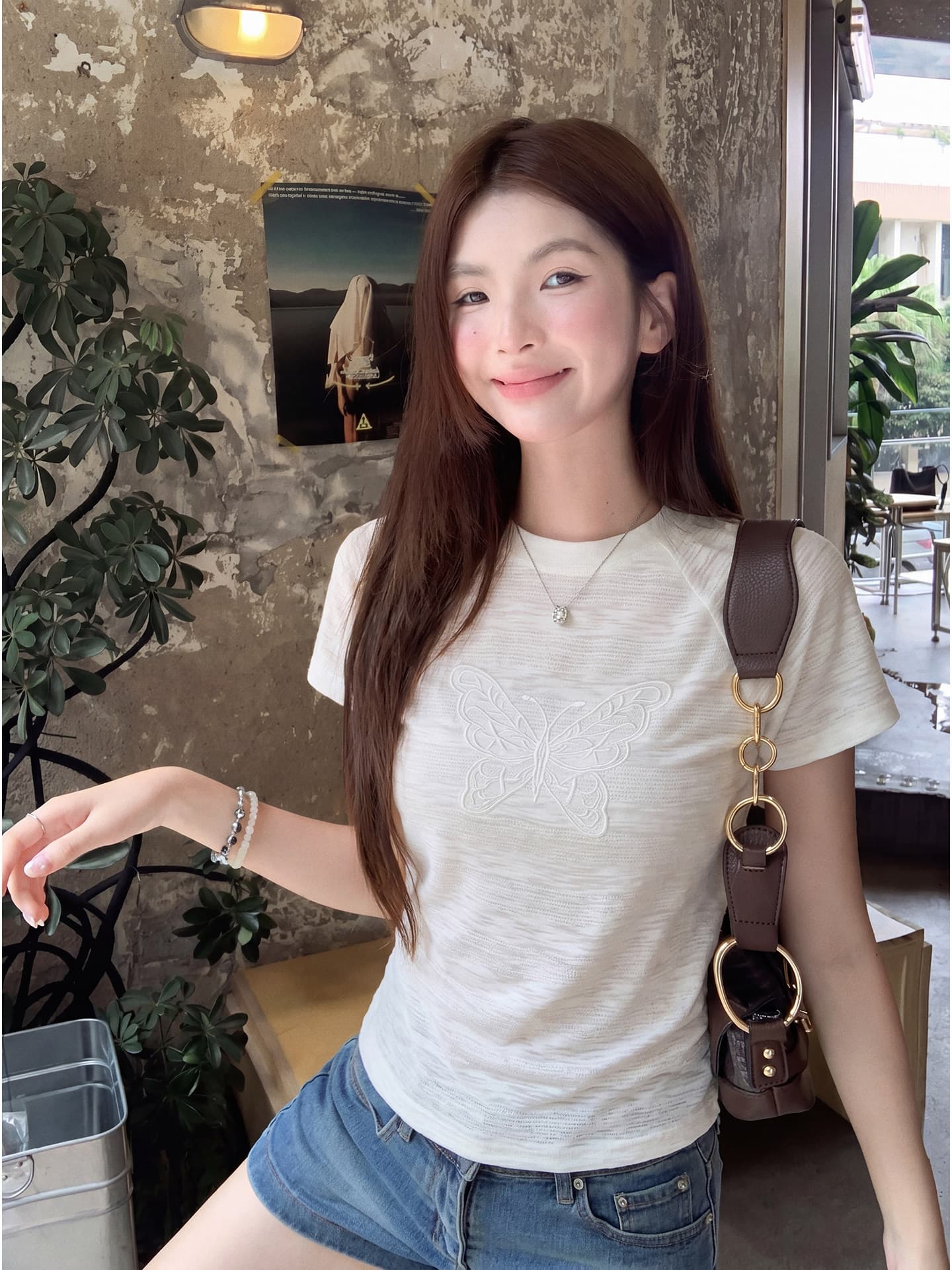 원본 원단 것 화이트 라운드 넥 긍정적 인 어깨 나비 매듭 주름 허리 수축 티셔츠 여름 다용도 맨위 상세 이미지 5