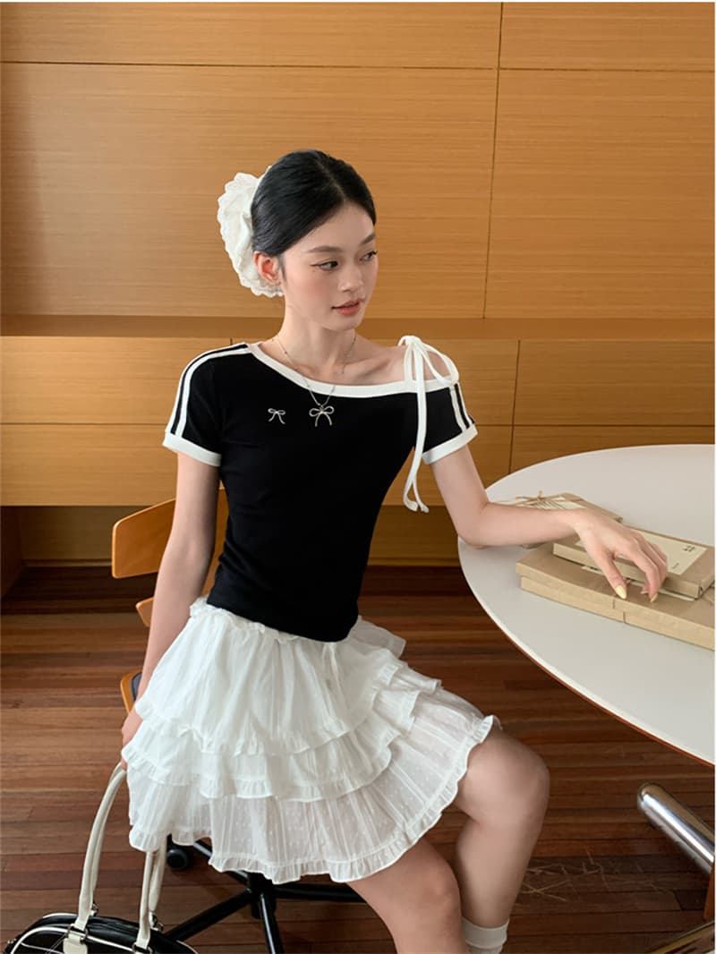 원본 것 원단 아메리칸 비스듬한 오프숄더 스트랩 스트라이프 반팔 티셔츠 여름 핫걸 긍정적 인 어깨 의류 상세 이미지 10