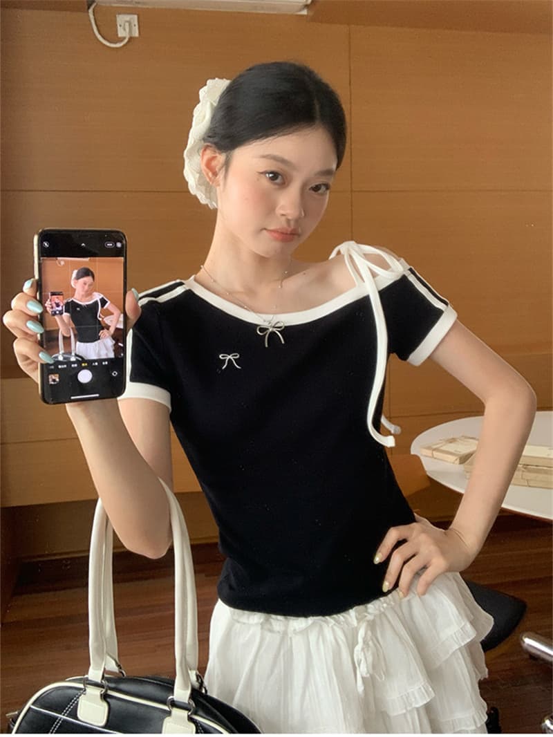 원본 것 원단 아메리칸 비스듬한 오프숄더 스트랩 스트라이프 반팔 티셔츠 여름 핫걸 긍정적 인 어깨 의류 상세 이미지 12