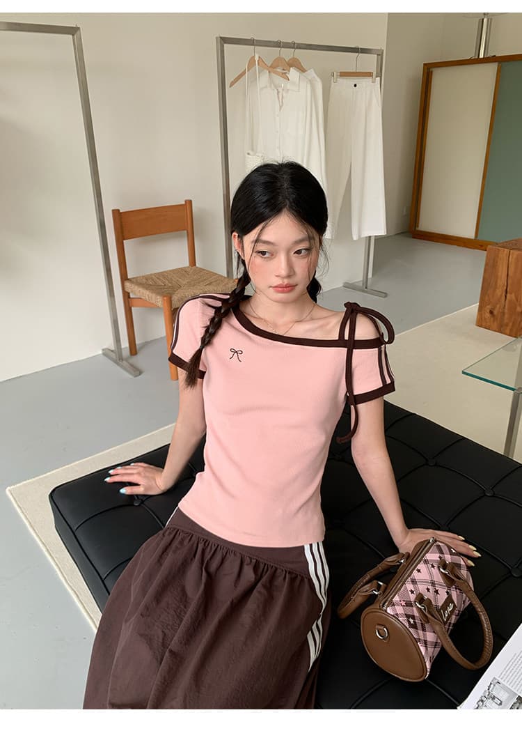 원본 것 원단 아메리칸 비스듬한 오프숄더 스트랩 스트라이프 반팔 티셔츠 여름 핫걸 긍정적 인 어깨 의류 상세 이미지 19