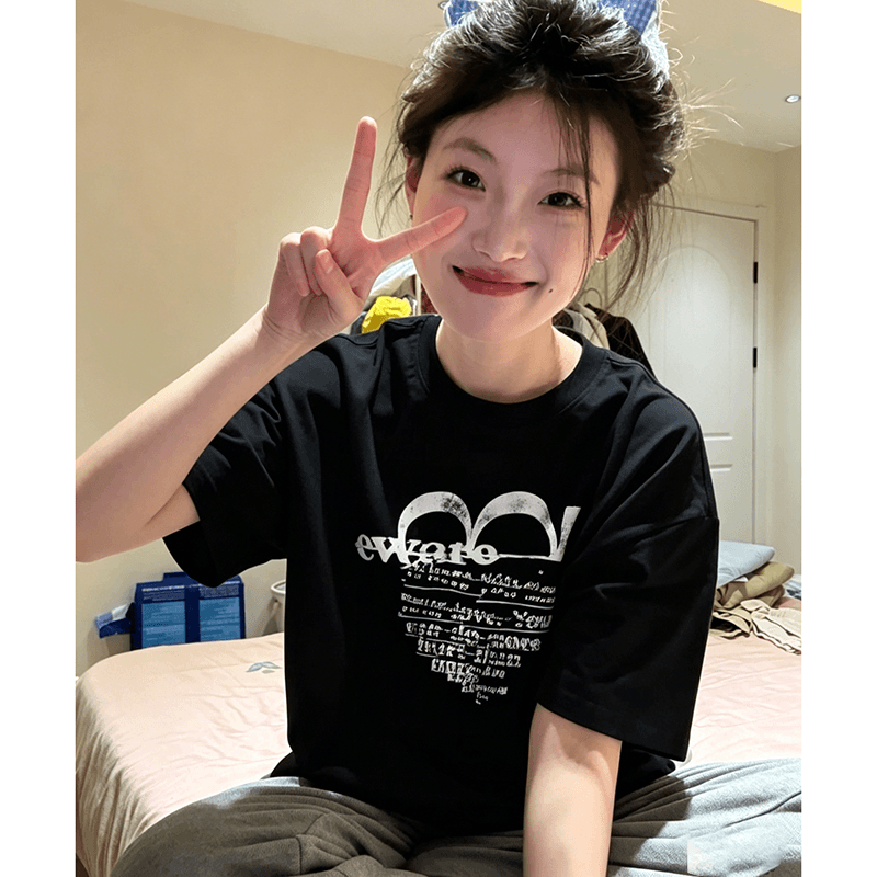 빗질하다 순면 230 크 순면 반팔 루즈핏 가을 어깨 프린트 티셔츠 여름 맨위 디자인 센스 작은 대중 상세 이미지 3