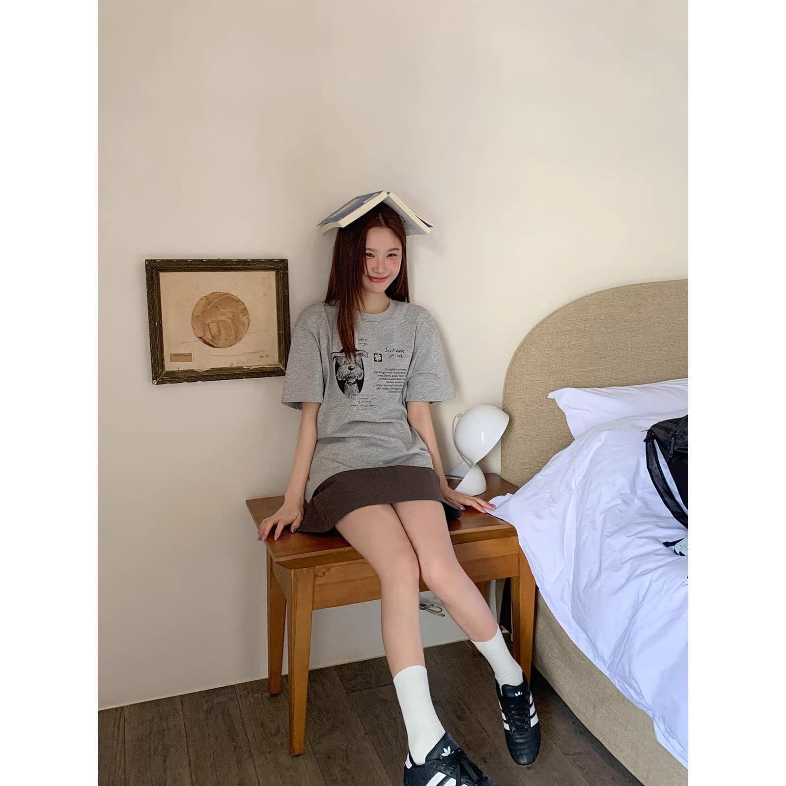 빗질하다 순면 230 크 순면 반팔 루즈핏 가을 어깨 프린트 티셔츠 여름 맨위 디자인 센스 작은 대중 이미지 2