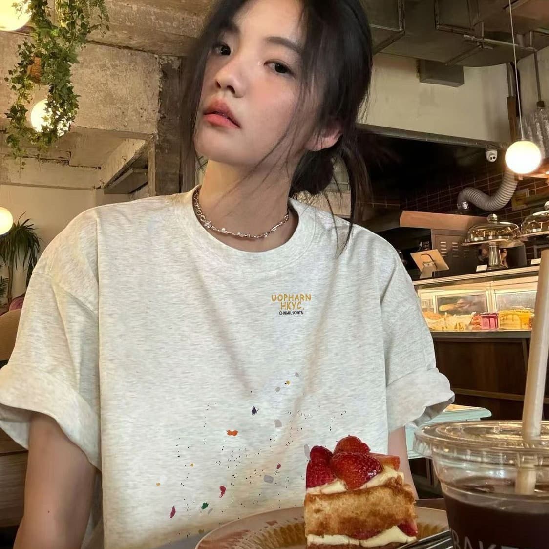 빗질하다 순면 230 크 순면 반팔 루즈핏 가을 어깨 프린트 티셔츠 여름 맨위 디자인 센스 작은 대중