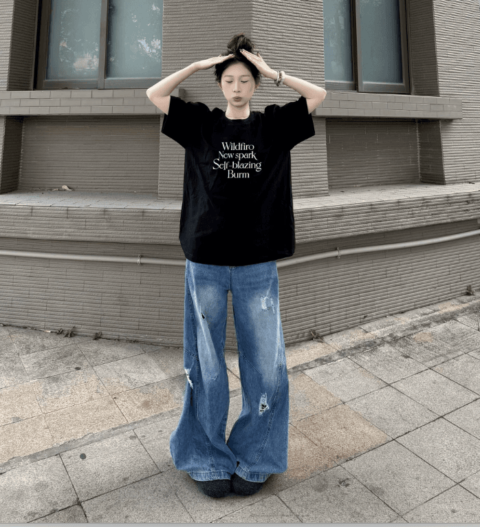빗질하다 순면 230 크 순면 반팔 루즈핏 가을 어깨 프린트 티셔츠 여름 맨위 디자인 센스 작은 대중 상세 이미지 3