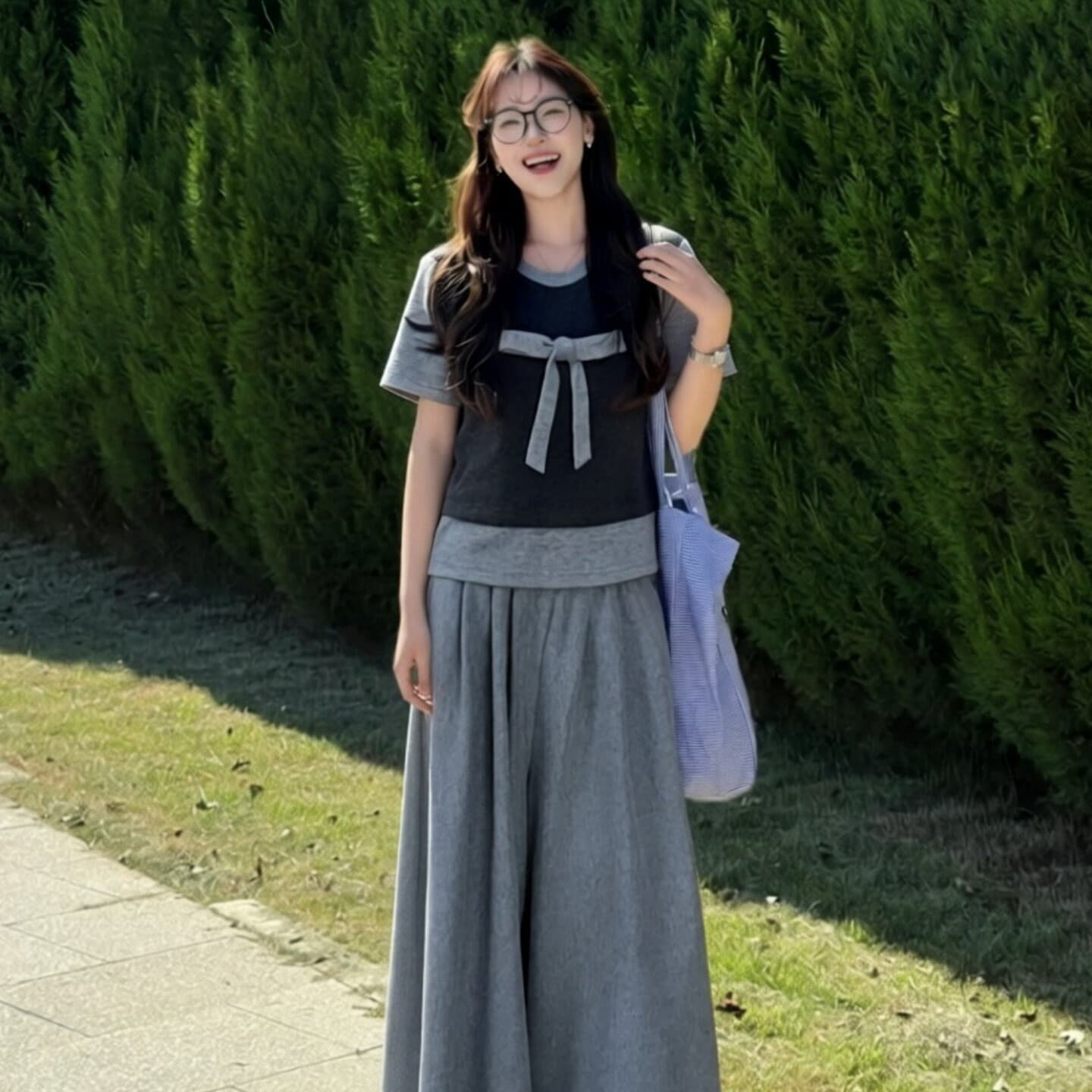 원본 솜씨 원본 원단 남자 바 면 학원 스타일 패치워크 나비 매듭 반팔 와이드 레그 팬츠 투피스 슈트 여성 여름 이미지 5