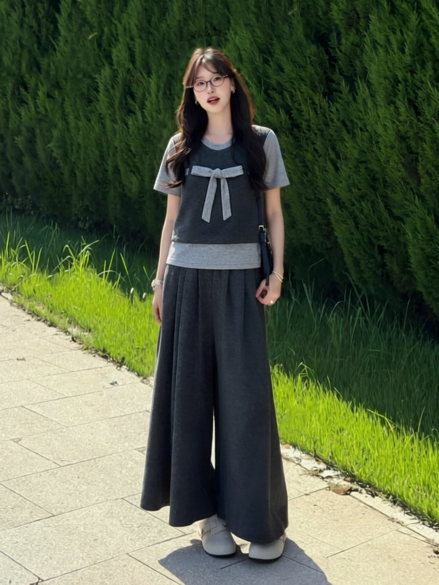 원본 솜씨 원본 원단 남자 바 면 학원 스타일 패치워크 나비 매듭 반팔 와이드 레그 팬츠 투피스 슈트 여성 여름 상세 이미지 6