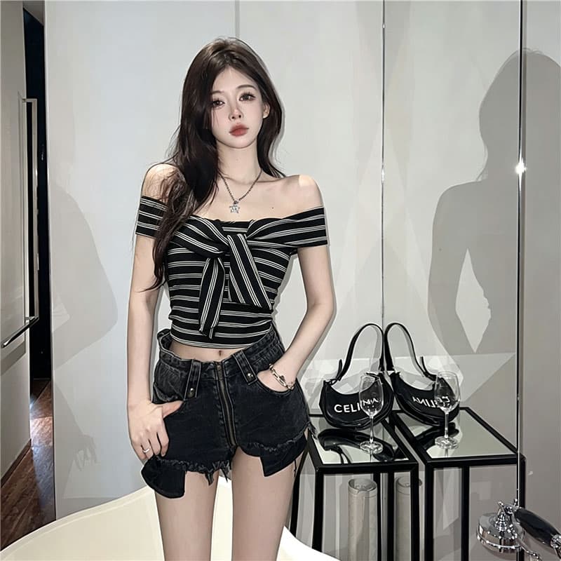원본 것 순수한 코튼 기사 한국 스타일 기타 착용 비틀림 오프숄더 스트라이프 몸매 가꾸기 반팔 t 맨위 이미지 5