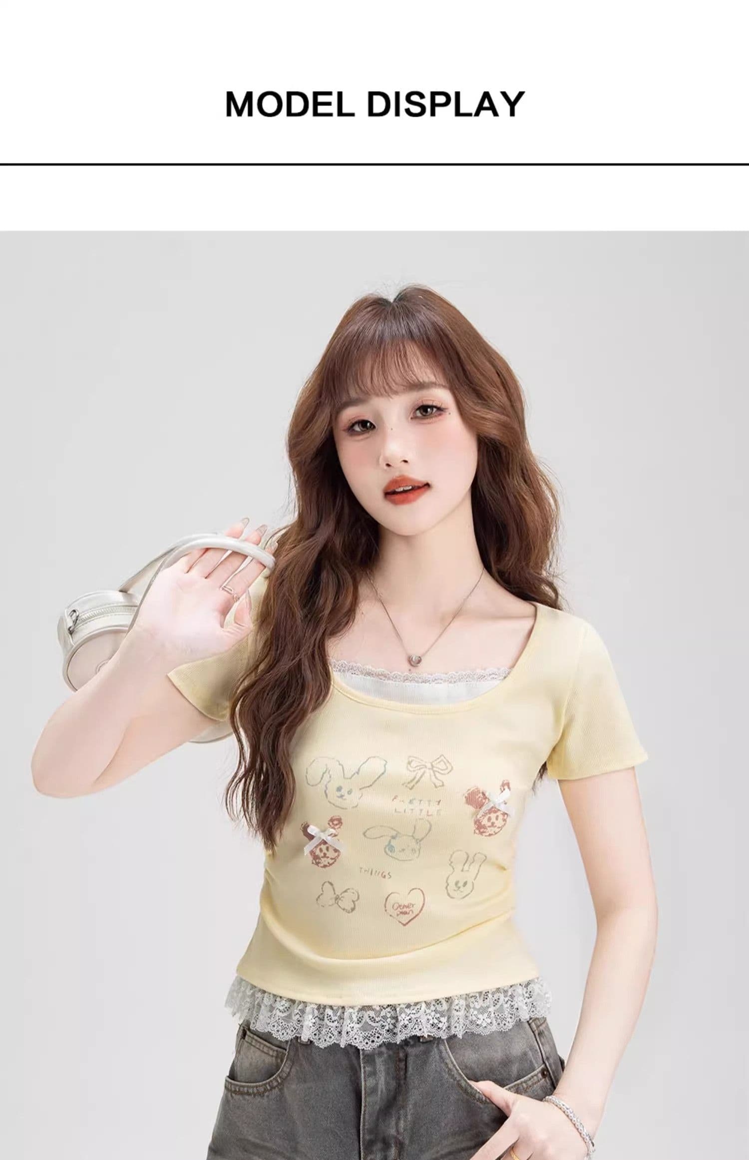 40 차가운 실크 차가운 면 리브 1 1 순수한 욕망 바람 레이스 조각 티셔츠 여성 2026 여름 새로운 다용도 맨위 상세 이미지 2