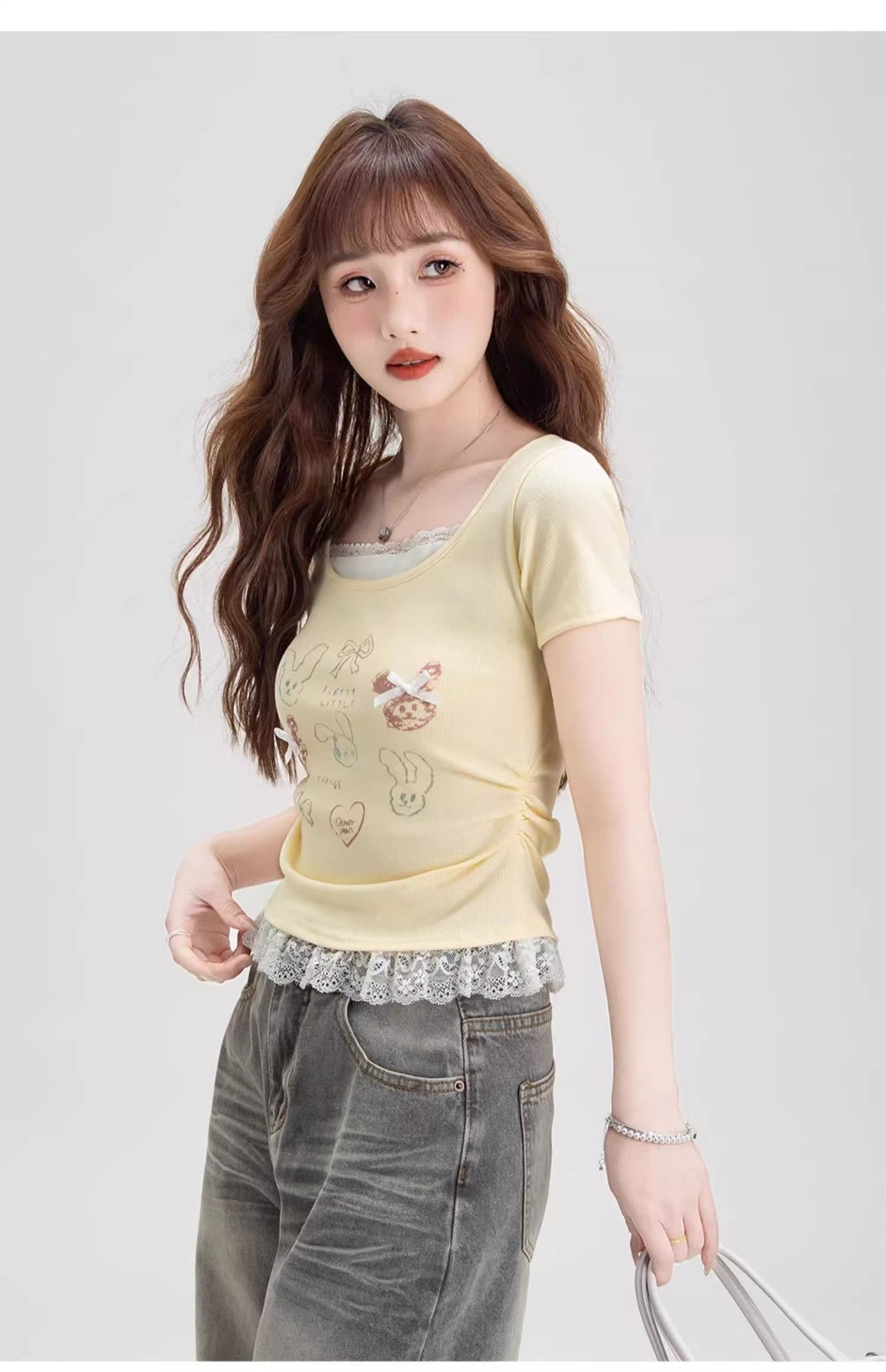 40 차가운 실크 차가운 면 리브 1 1 순수한 욕망 바람 레이스 조각 티셔츠 여성 2026 여름 새로운 다용도 맨위 상세 이미지 8