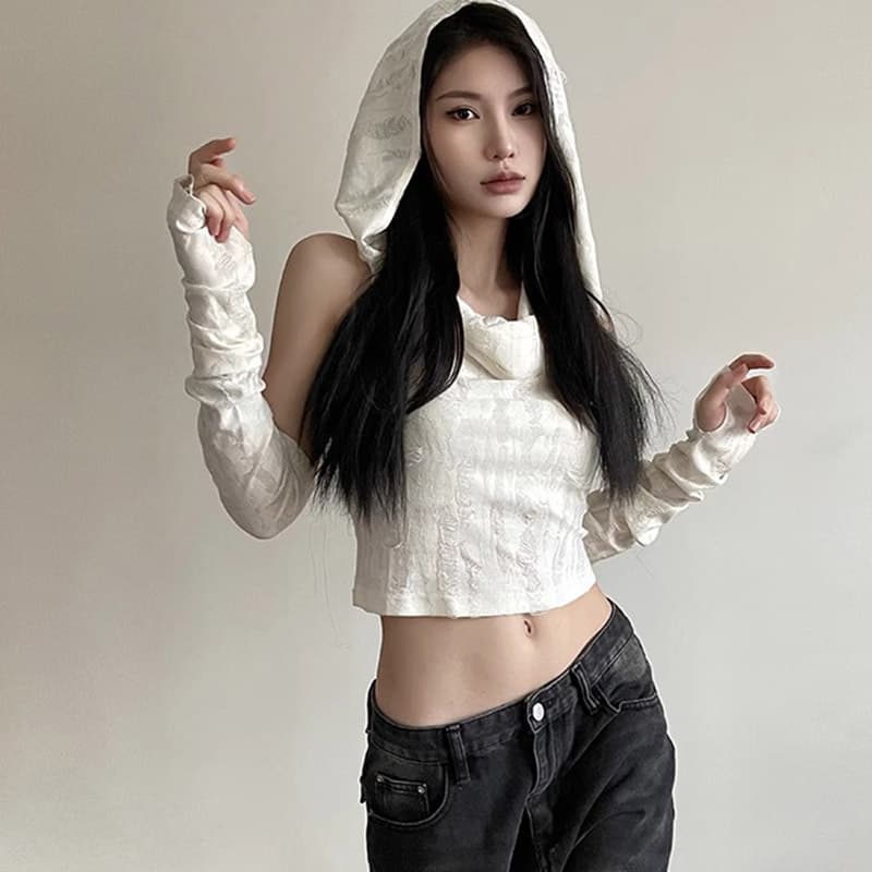 경관 그림 정가 불모지 바람 달콤한 핫걸 쇼트 스타일 소매 커버 맨위 여성 봄 여름 찢어진 부분 조끼 후드 기본 셔츠 티셔츠 이미지 4