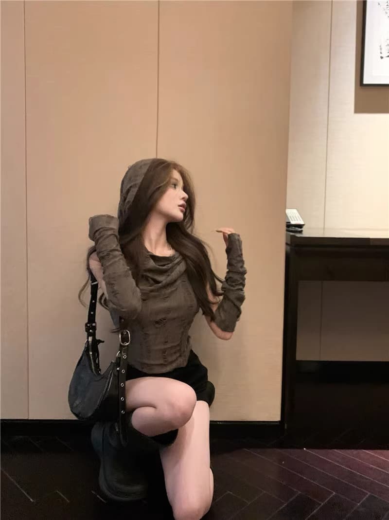 경관 그림 정가 불모지 바람 달콤한 핫걸 쇼트 스타일 소매 커버 맨위 여성 봄 여름 찢어진 부분 조끼 후드 기본 셔츠 티셔츠 상세 이미지 5