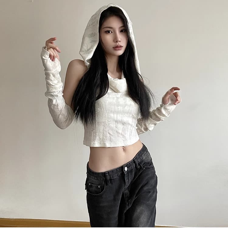 경관 그림 정가 불모지 바람 달콤한 핫걸 쇼트 스타일 소매 커버 맨위 여성 봄 여름 찢어진 부분 조끼 후드 기본 셔츠 티셔츠 상세 이미지 7