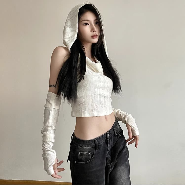 경관 그림 정가 불모지 바람 달콤한 핫걸 쇼트 스타일 소매 커버 맨위 여성 봄 여름 찢어진 부분 조끼 후드 기본 셔츠 티셔츠 상세 이미지 8