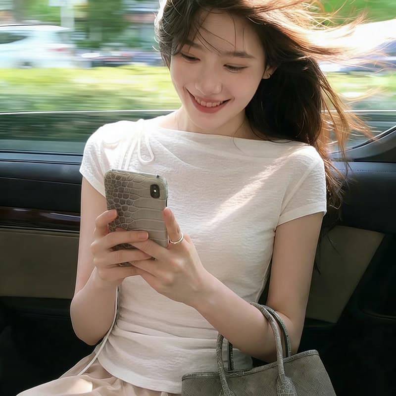 경관 그림 정가 원본 대나무 마디 주름 프랑스식 패션 작은 대중 반팔 티셔츠 여성 여름 몸매 가꾸기 디자인 센스 다용도 맨위 이미지 4