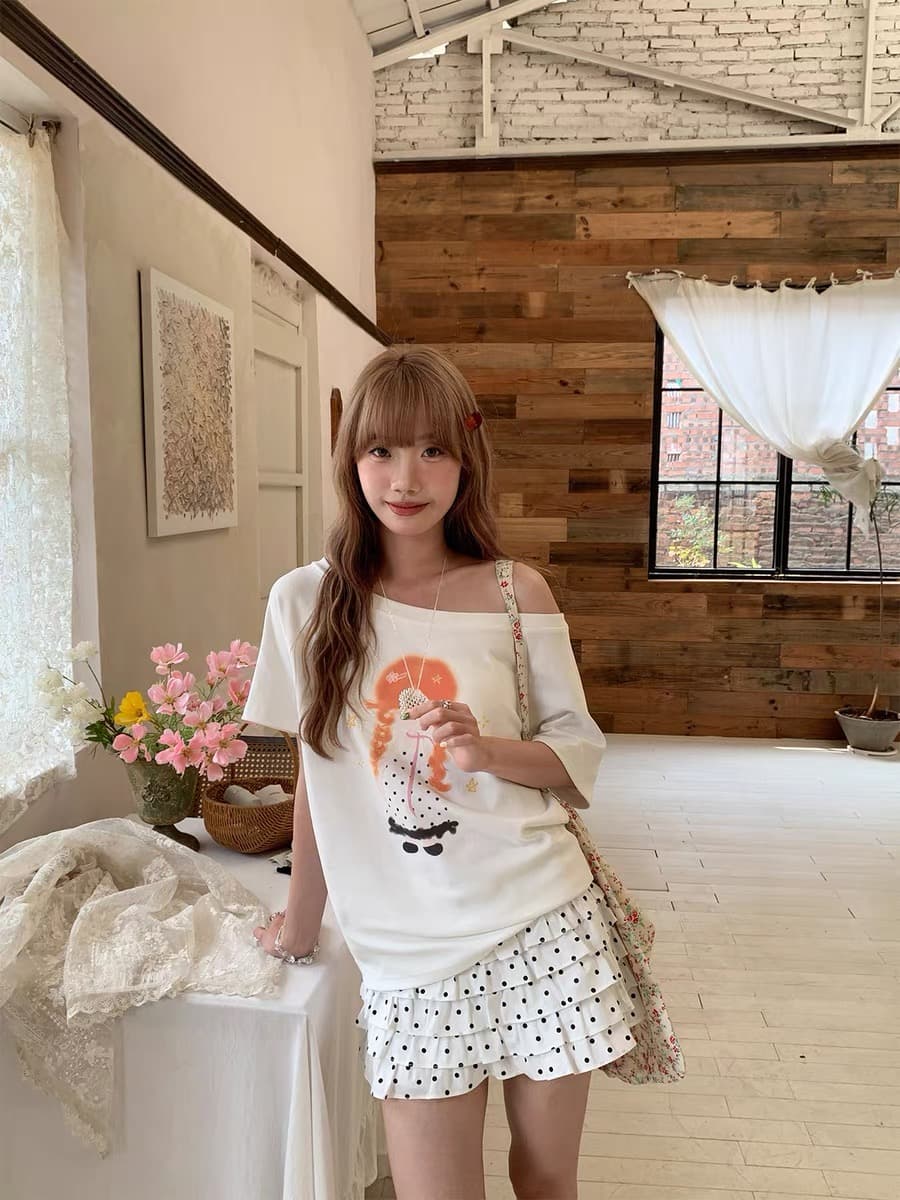 220 그램 92 면 8 암모니아 Lun 아메리칸 핫걸 비스듬한 어깨 알파벳 프린트 반팔 티셔츠 여성 이미지 2