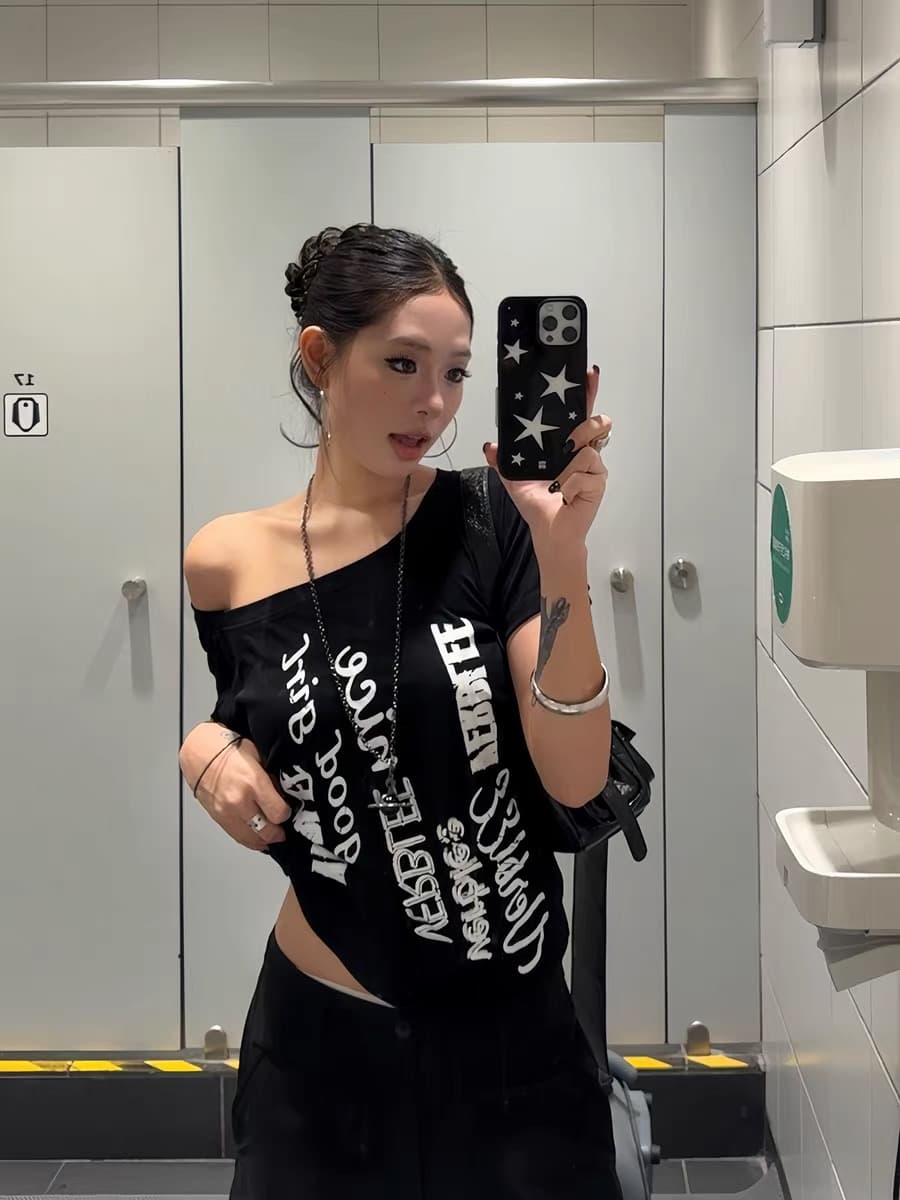 220 그램 92 면 8 암모니아 Lun 아메리칸 핫걸 비스듬한 어깨 알파벳 프린트 반팔 티셔츠 여성 상세 이미지 5