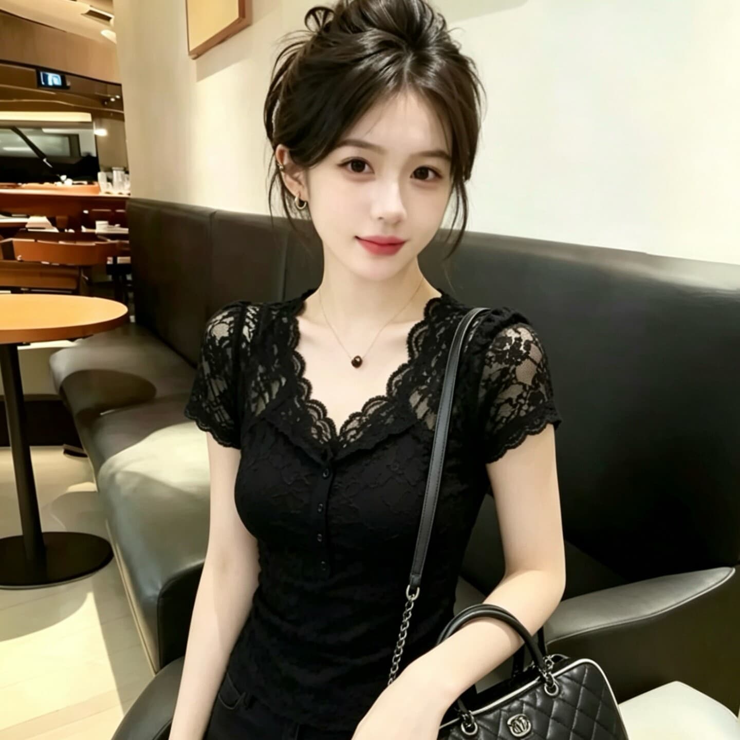 사람들 면 260 그램 빅 사이즈 핫걸 바람 V넥 반팔 여성 2026 여름 새로운 레이스 조각 몸매 가꾸기 맨위 이미지 3